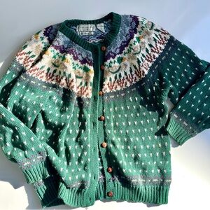 Northern Isles Green Embroidered Ramie Cardigan Sweater, L